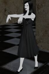 3d absurdres black_hair creepypasta dress expressionless female_only femsub goth high_heels jane_the_killer solo spiral_eyes symbol_in_eyes theheckle zombie_walk