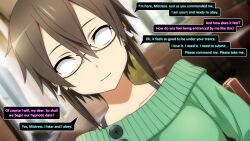 aliensdideverything_(manipper) brown_hair dialogue female_only femdom femsub glasses happy_trance manip shino_asada short_hair sinon_(sword_art_online) smile speech_bubble sword_art_online text whitewash_eyes