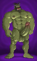 abs bare_legs barefoot beard bottomless brown_hair drool elf_ears erection fangs feet gojho green_skin hairy horns large_penis male_only malesub muscle_boy nude open_mouth orc orc_boy original penis ponytail simple_background solo spiral_eyes standing standing_at_attention symbol_in_eyes topless tusks veins