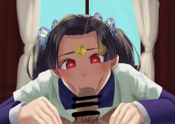 absurdres aoi_kanzaki blowjob_face blue_hair censored clothed coin crossed_eyes demon_slayer fellatio femsub oral pendulum penis red_eyes sex short_hair source_request tanjiro_kamado twintails white_skin
