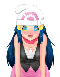  absurdres blue_hair blush breasts dawn femsub happy_trance hat kaa_eyes large_breasts leaning_forward long_hair looking_at_viewer neo-izayoi nintendo open_mouth pokemon pokemon_diamond_pearl_and_platinum scarf skirt white_background 