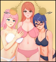  3d absurdres alexia_(electrickronos) bare_legs blue_hair blush bra breast_grab breasts celes_(electrickronos) cleavage collarbone drool empty_eyes expressionless female_only femsub glasses heavy_eyelids huge_breasts koikatsu! large_breasts leaning_forward multiple_girls multiple_subs navel open_mouth orange_hair original panties pink_hair pocket_watch simple_background slouching standing standing_at_attention thehguy underwear wendy_(electrickronos) 