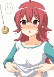  animated animated_gif blush bouncing_breasts breasts coin confused dazed expressionless female_only femsub kaho_komiya long_hair meat_(artist) niku open_mouth pendulum red_eyes red_hair shirt_lift the_idolm@ster the_idolm@ster:_shiny_colors topless undressing 