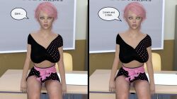  3d bare_shoulders before_and_after collarbone comic expressionless female_only femsub hexxet large_breasts navel pink_hair pink_lipstick short_hair skirt solo text the_gift tiffany_rivers upskirt 