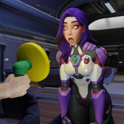  d.mon_(overwatch) female_only femsub hypno_beam hypno_ninja jimmy_neutron_(series) leaning_forward open_mouth overwatch purple_hair spiral_eyes tech_control 