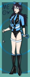  absurdres bambietta_basterbine bell black_hair bleach blue_eyes blue_lipstick cat_ears cat_girl cat_tail earrings eyeshadow femsub happy_trance high_heels hy2300 jacket knee-high_boots latex long_hair makeup nail_polish open_mouth shrunken_irises simple_background smile spiral spiral_background standing tail text tie 