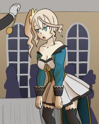 alisha_(tales_of_zestiria) alternate_costume androgynous_dom bandai_namco bare_shoulders blonde_hair breasts character_request cleavage clothed dress drool empty_eyes faceless_male femsub gloves green_eyes large_breasts leaning_forward mythkaz open_mouth pocket_watch tales_of_(series) tales_of_zestiria