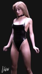 3d absurdres ahegao blonde_hair collar female_only femsub hypnotic_accessory latex one-piece_swimsuit open_mouth original solo standing standing_at_attention swimsuit tech_control valerii 
