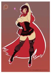 bimboannon bimbofication breasts cape earrings eyeshadow female_only femsub happy_trance heart high_heels huge_breasts jewelry large_breasts large_lips lipstick makeup red_hair red_lipstick ruby_rose rwby solo wink