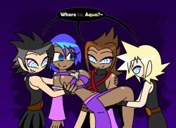 alternate_costume aqua_(kingdom_hearts) arm_warmers bare_shoulders belt black_hair blonde_hair blue_background blue_eyes blue_hair brown_hair carrying cloud_strife collarbone dark_skin disney english_text eyebrows_visible_through_hair femdom final_fantasy final_fantasy_vii happy_trance harem harem_outfit hypnoscream kingdom_hearts kingdom_hearts_birth_by_sleep large_breasts loincloth malesub midriff multiple_boys multiple_subs navel shiny_hair shiny_skin sideboob simple_background skirt smile speech_bubble square_enix terra_(kingdom_hearts) underboob zack_fair