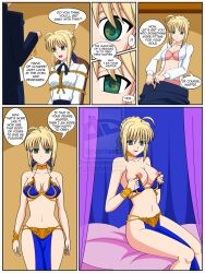  ahoge before_and_after blonde_hair bondage bra coin comic dancer dead_source dialogue empty_eyes expressionless fate/stay_night fate_(series) femsub happy_trance jimryu maledom open_clothes panties pendulum saber short_hair text topless underwear undressing 