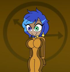blue_hair bodysuit brown_background choker clock dark_skin dronification earrings eyebrows_visible_through_hair female_only femsub green_eyes happy_trance heterochromia hourglass_figure hypnoscream large_breasts original purple_eyes robotic_trance short_hair simple_background smile solo standing symbol_in_eyes tight_clothing wide_hips