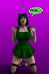  3d absurdres barefoot bell_collar black_hair black_lipstick breasts cat_ears cat_pose clothed collar collarbone dialogue dress eye_roll female_only femsub fishnets glowing gradient_background happy_trance kathy_(theheckle) kneeling maid makeup open_mouth original pendulum pet_play simple_background smile solo speech_bubble spiralwash_eyes symbol_in_eyes text theheckle thighhighs 