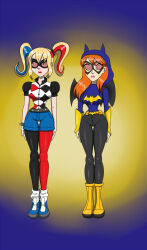batgirl batman_(series) blonde_hair carlosfco clothed dc_comics expressionless female_only femsub harley_quinn mask multiple_girls orange_hair spiral_eyes standing standing_at_attention super_hero symbol_in_eyes twintails western