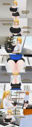  absurdres altered_common_sense angry blonde_hair blue_eyes calusteri clothed dialogue english_text female_only femsub glasses huge_breasts long_hair multiple_girls office office_lady orange_hair original short_hair text unaware 