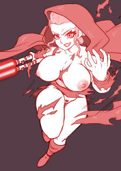 breasts collarbone corruption erect_nipples evil_smile female_only femsub huge_breasts lightsaber monochrome red_eyes rey_(star_wars) short_hair smile solo star_wars witchking00