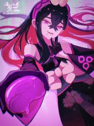 ambiguous_pov androgynous_sub bare_shoulders black_hair carmine_(pokemon) clothed eye_color_change femdom food gloves glowing_eyes hypnotic_food hypnotized_dom hypnotized_hypnotist kimono licking licking_lips long_hair looking_at_viewer nintendo pecharunt pokemon pokemon_masters pokemon_scarlet_and_violet possession pov pov_sub purple_eyes red_hair shiro_(46isou) tongue tongue_out