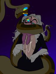  bare_breasts black_cat blush breasts cleavage coils colorrings disney double_penis felicia_hardy grey_hair kaa kaa_eyes marvel_comics mask precum sleepy snake snake_penis spider-man_(series) tail the_jungle_book undressing zipper 