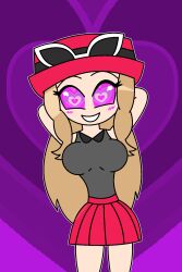  aged_up arms_above_head breasts charm_(spell) clothed female_only femsub happy_trance hat heart heart_eyes hypnoscream large_breasts long_hair looking_at_viewer love nintendo pokemon pokemon_x_and_y serena skirt smile solo symbol_in_eyes 