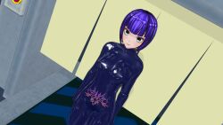  3d before_and_after black_lipstick blue_eyes bodysuit crotch_tattoo custom_maid_3d_2 empty_eyes erect_nipples_under_clothes female_only femsub happy_trance latex lipstick purple_hair rubber scmomoka1 short_hair smile solo standing standing_at_attention tattoo 