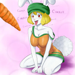 afrobull blonde_hair blush breasts bunny_girl carrot carrot_(one_piece) cleavage drool femsub furry hat hypnotic_food large_breasts one_piece open_mouth ring_eyes short_hair text tongue tongue_out