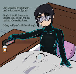  awakening aware bed black_hair bodysuit bulge consensual drone eyebrows_visible_through_hair glowing grey_eyes happy_trance iris_azure non-binary non-binary_sub null_bulge original pillow self_hypnosis short_hair sitting small_breasts solo spiral tech_control text tight_clothing trance_delightful visor 