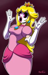 black_sclera blonde_hair breasts corruption crown dress earrings female_only femsub gloves hyperflannel hypnotic_accessory jewelry large_breasts long_hair mask nintendo open_mouth opera_gloves pink_eyes princess princess_peach shyguy solo super_mario_bros.