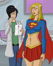 absurdres black_hair blonde_hair blue_eyes dazed dc_comics expressionless female_only femdom femsub glowing glowing_eyes hypnotic_accessory long_hair original polmanning spiral_eyes standing standing_at_attention super_hero supergirl superman_(series) symbol_in_eyes tech_control text western