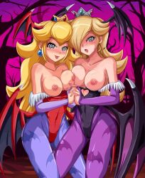 alternate_costume animated animated_eyes_only animated_gif blonde_hair blush breast_press breasts buddyboi_(manipper) capcom cleavage crown darkstalkers demon_girl earrings erect_nipples female_only femsub gloves hair_covering_one_eye happy_trance holding_hands jewelry large_breasts manip monster_girl multiple_girls nintendo open_mouth princess princess_peach princess_rosalina sigurdhosenfeld smile spiral_eyes succubus super_mario_bros. symbol_in_eyes symmetrical_docking tongue tongue_out topless very_long_hair wings yuri 