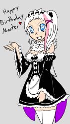  adzrcool45 ally_(adzrcool45) breasts clothed costume dialogue english_text female_only femsub grey_background happy_trance heart looking_at_viewer maid multicolored_hair mythkaz original pink_hair simple_background smile solo spiralwash_eyes text thighhighs thighs white_hair 
