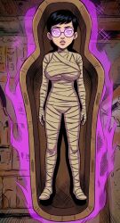 ai_art bandage black_hair breasts carmen_sandiego clothed egyptian female_only femsub glasses glowing glowing_eyes julia_argent_(carmen_sandiego) looking_at_viewer lying mummification mummy pink_eyes short_hair solo zupern0va_(manipper)