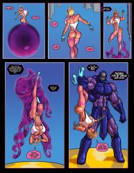 abs ass big_muscles bimbofication blonde_hair breasts clothed_exposure comic corruption darkseid dc_comics femsub fishnets high_heels large_breasts large_lips large_penis long_hair maledom midriff muscle_boy penis power_girl size_difference super_hero superman_(series) text theofficialpit veins
