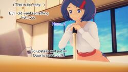 apron ash_ketchum aware blue_eyes blue_hair clothed dialogue english_text johanna milf mustardsauce pokemon pokemon_(anime) text