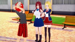  3d assassination_classroom black_hair blonde_hair dark_skin empty_eyes erza_scarlet fairy_tail femsub glasses gloves happy_trance large_breasts long_hair maledom original rainbowkombat red_hair rio_nakamura school_uniform 
