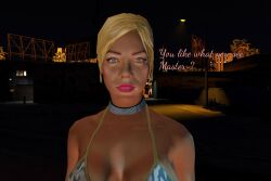 3d bare_shoulders blonde_hair blue_eyes bra breasts cheetha_(grand_theft_auto_v) choker cleavage collar collarbone dreeplyn_(manipper) grand_theft_auto_(series) grand_theft_auto_v large_breasts lipstick looking_at_viewer manip night pink_lipstick screenshot text underwear
