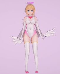  3d animated before_and_after blonde_hair blue_eyes bow_tie gloves halo high_heels koikatsu! leotard looking_at_viewer moawi1 navel opera_gloves shoes short_hair simple_background sorano_koizuka_(satou_kuuki) standing thighhighs video white_background wings 