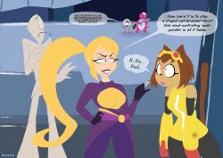  blonde_hair blueconn cat_ears cat_girl cat_tail dialogue drool femdom femsub fold_(gameoverse) gameoverse gobbles_(gameoverse) gun humor kaboodle_(gameoverse) kit_bodega_(gameoverse) laser_pointer long_hair miss_information open_mouth robot short_hair speech_bubble text weapon 