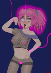  ahegao blush breasts fishnets hunter_x_hunter machi_komacine ninja pantyhose pink_hair ponytail see-through symbol_in_eyes usakiki 