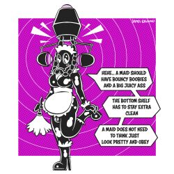  animated animated_gif bodysuit breasts bulge chastity feather_duster feminization gas_mask harvzilla high_heels large_breasts latex maid malesub mask original tech_control text 