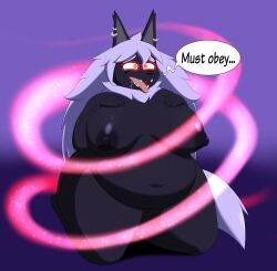 absurdres animal_ears bbw black_skin breasts chubby dialogue dr._chaos earrings fangs fat femsub furry glowing glowing_eyes happy_trance huge_breasts hypnotic_spiral jewelry kneeling large_breasts long_hair magic purple_hair red_eyes smile solo spiral_eyes symbol_in_eyes tail text tongue tongue_out