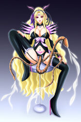 aphrodite_(precure) arm_warmers aura boots bow cleavage corset cum eyeshadow female_only femsub garter_straps gradient_background happy_trance high_heels horns jewelry kiryu large_breasts lipstick looking_at_viewer makeup nail_polish navel orange_eyes parasite precure pussy_tentacles simple_background sitting smile solo spread_legs tentacles thigh_boots thighhighs very_long_hair