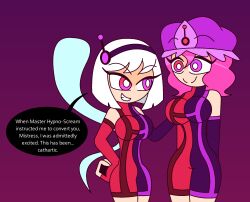 altered_common_sense alternate_costume antenna bare_shoulders betrayal empty_eyes enemy_conversion english_text eyebrows_visible_through_hair eyelashes female_only femdom femsub fingerless_gloves ghost_girl gradient_background hand_on_hip happy_trance hat headband heterochromia hypnoscream hypnotized_hypnotist large_breasts leotard multiple_girls multiple_subs opera_gloves pink_hair shiny_hair short_hair simple_background smile speech_bubble standing_at_attention touhou white_hair youmu_konpaku yuyuko_saigyouji