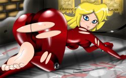 ass barefoot blonde_hair blue_eyes bodysuit clover defeated drugged empty_eyes feet femsub foot_focus injection large_ass leash lorddandan needle pet_play syringe totally_spies