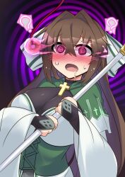  blush bow breasts bridal_gauntlets brown_hair character_request cleavage coin confused drool female_only femsub gloves glowing kutan large_breasts long_hair open_mouth opera_gloves original pendulum pink_eyes solo spiral_eyes sweat symbol_in_eyes 