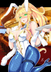 artoria_pendragon artoria_pendragon_(lancer) blonde_hair blush breasts bunny_ears bunnysuit cuffs fake_animal_ears fate/grand_order fate_(series) female_only femsub fishnets glowing glowing_eyes high_heels large_breasts long_hair looking_at_viewer manip misterman4_(manipper) open_mouth ponytail saber solo spiral_eyes symbol_in_eyes thighhighs tray waitress 
