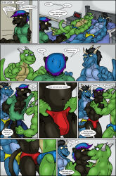  blue_skin bulge cat_boy claws comic crotch_rub cyberklaw furry good_sub_conditioning green_skin happy_trance horns hypnotic_clothing hypnotized_hypnotist kissing lizard_boy male_only malesub masturbation multicolored_hair multiple_boys multiple_subs muscle_boy non-human_feet original panther_boy resisting speedo text topless torn_clothes undressing yaoi 