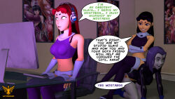 3d alien alien_girl all_fours black_hair blackfire bracers clothed computer crossed_arms crossed_legs dc_comics dialogue expressionless female_only femdom femsub happy_trance headphones human_furniture hypnotic_screen latinkaixa long_hair monitor multiple_girls multiple_subs open_mouth purple_eyes purple_hair raven red_hair short_hair sitting skirt smile source_filmmaker speech_bubble starfire super_hero tech_control teen_titans text thighhighs whitewash_eyes