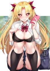  blonde_hair blush bra breasts brown_eyes cell_phone cleavage ereshkigal_(fate/grand_order) ero_waifu exposed_chest fate/grand_order fate_(series) female_only femsub hair_ribbon large_breasts lingerie long_hair looking_at_viewer manip misterman4_(manipper) open_shirt panties ribbon school_uniform solo spiral_eyes sweat symbol_in_eyes thighhighs twintails underwear undressing 