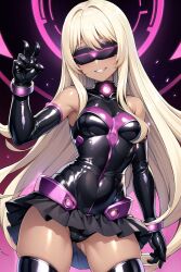  ai_art barefoot blonde_hair blush cameltoe collar cuffs erise_ai_prompter_(generator) female_only femsub gloves high_heels hypnotic_accessory leotard long_hair opera_gloves skirt smile solo standing tan_skin tech_control thigh_boots thighhighs tight_clothing visor 