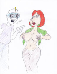 antenna bero3000 breasts family_guy femsub large_breasts lois_griffin maledom open_clothes red_hair spiral spiral_eyes symbol_in_eyes tech_control text topless unhappy_trance western